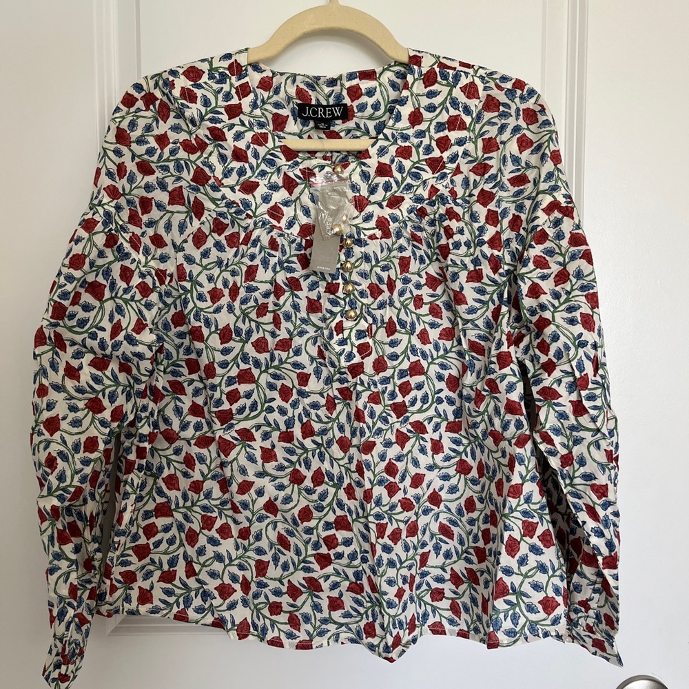 J. Crew White Floral Button-Front Top with Red & Blue Tulip Print